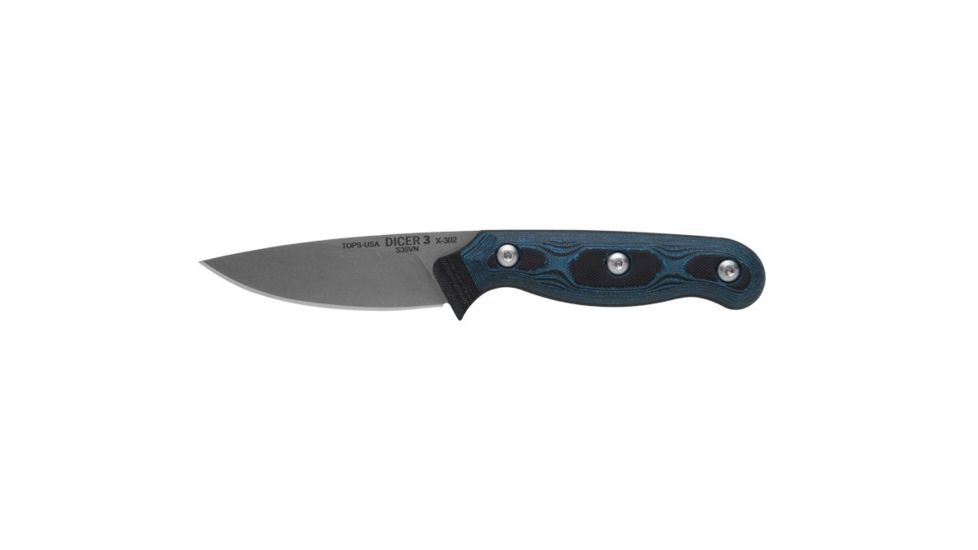 TOPS Knives Dicer 3 Paring Kitchen Knife, 3.5in, CPM S35Vn Steel, Drop Point, Black Canvas Micarta/Blue-Black G10 Handle DCR3-01
