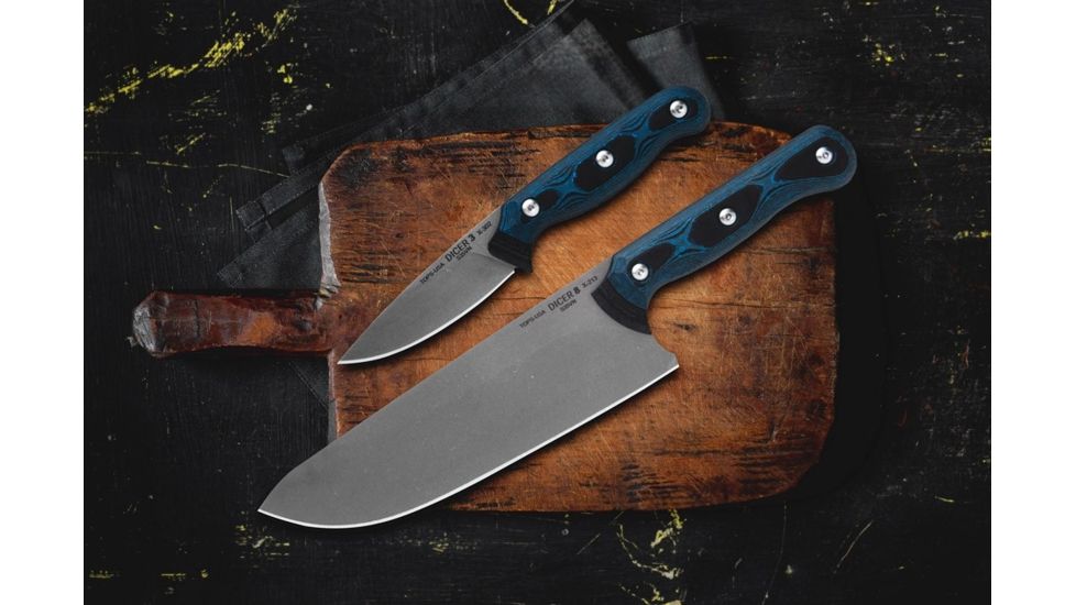 TOPS Knives Dicer 8-3 Kitchen Knife Combo, 7.75in/3.5in, CPM S35Vn Steel, Drop Point, Black Canvas Micarta/Blue-Black G10 Handle DCR-83