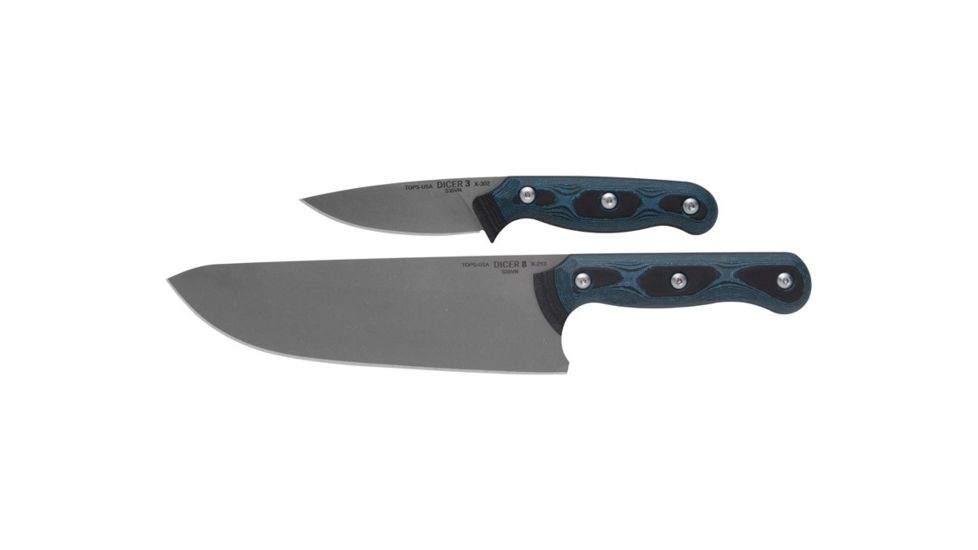 TOPS Knives Dicer 8-3 Kitchen Knife Combo, 7.75in/3.5in, CPM S35Vn Steel, Drop Point, Black Canvas Micarta/Blue-Black G10 Handle DCR-83