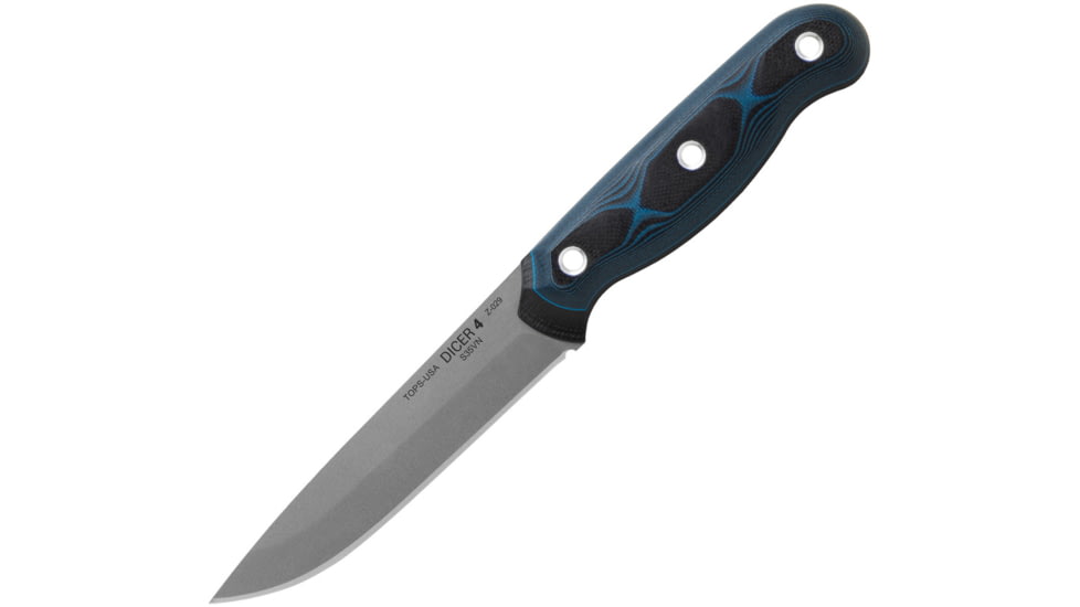 TOPS Knives Dicer Steak Knife, 4.38 tumbled finish S35VN stainless blade, Black and blue G10 handle, DCR4-01