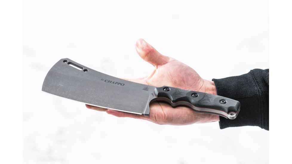 Tops Knives El Chappo Fixed Blade Knif, 6 in Acid Rain Blade, 1095 RC 56-58 Steel, Black Canvas Micarta Handle ECHA-02