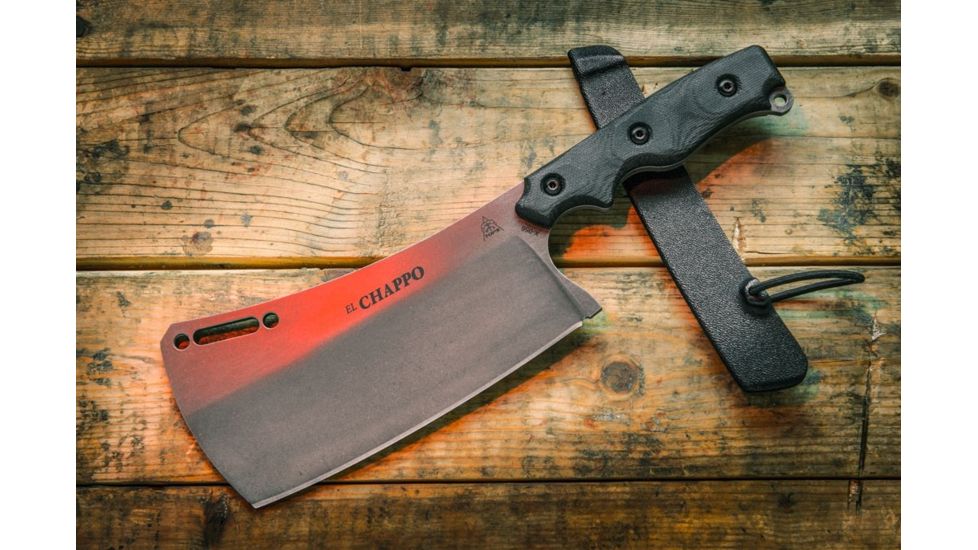 Tops Knives El Chappo Fixed Blade Knif, 6 in Acid Rain Blade, 1095 RC 56-58 Steel, Black Canvas Micarta Handle ECHA-02