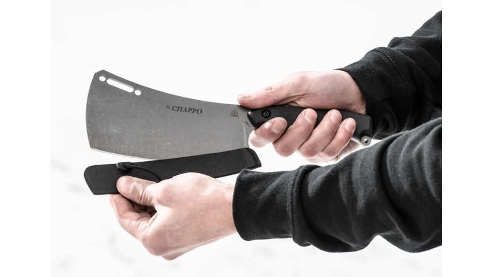 Tops Knives El Chappo Fixed Blade Knif, 6 in Acid Rain Blade, 1095 RC 56-58 Steel, Black Canvas Micarta Handle ECHA-02