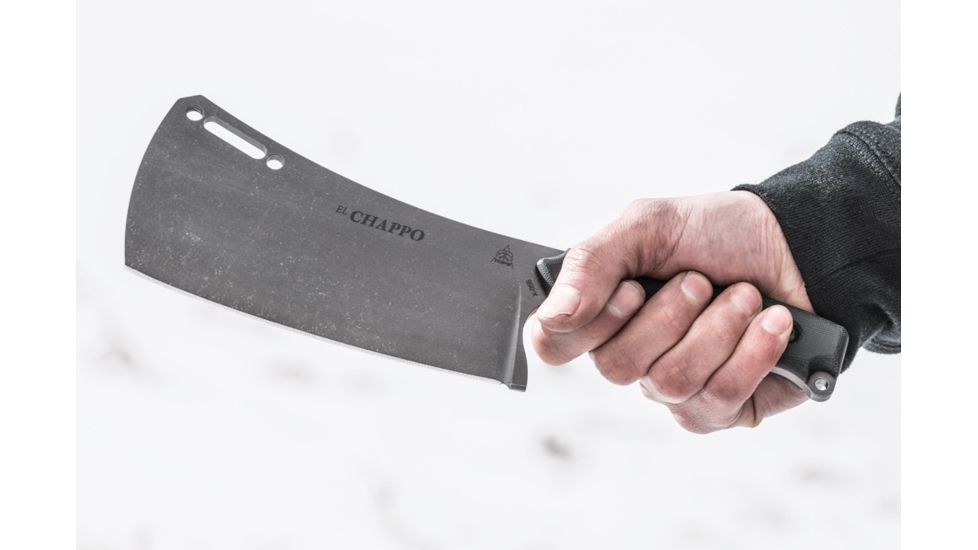 Tops Knives El Chappo Fixed Blade Knif, 6 in Acid Rain Blade, 1095 RC 56-58 Steel, Black Canvas Micarta Handle ECHA-02