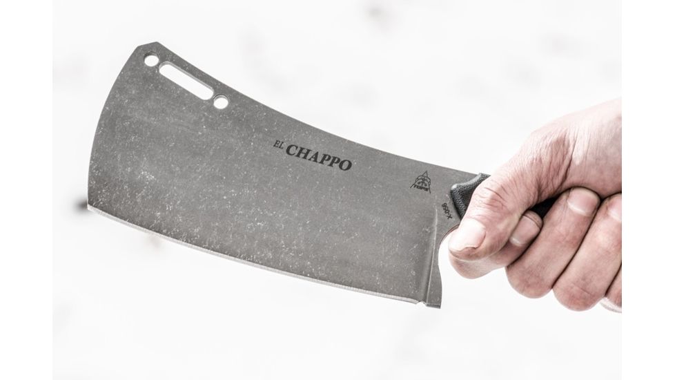 Tops Knives El Chappo Fixed Blade Knif, 6 in Acid Rain Blade, 1095 RC 56-58 Steel, Black Canvas Micarta Handle ECHA-02