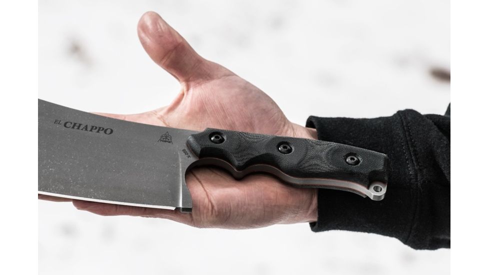 Tops Knives El Chappo Fixed Blade Knif, 6 in Acid Rain Blade, 1095 RC 56-58 Steel, Black Canvas Micarta Handle ECHA-02