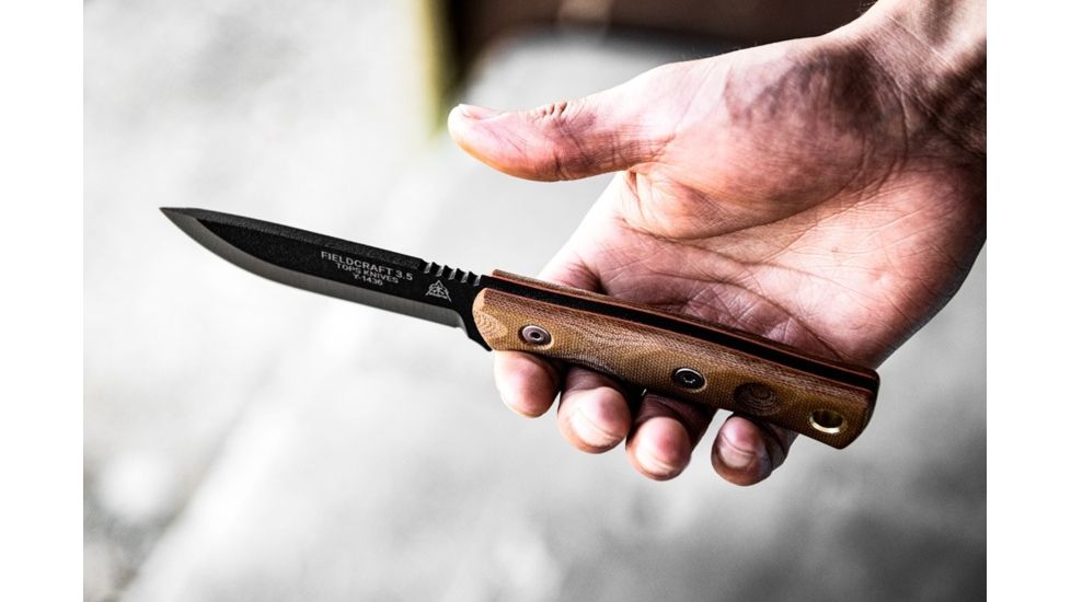TOPS Knives Fieldcraft 3.5 Fixed Blade Knife, 3.75in, 1095 RC 56-58 Steel Blade, Tan Canvas Micarta Handle, MBROS-01