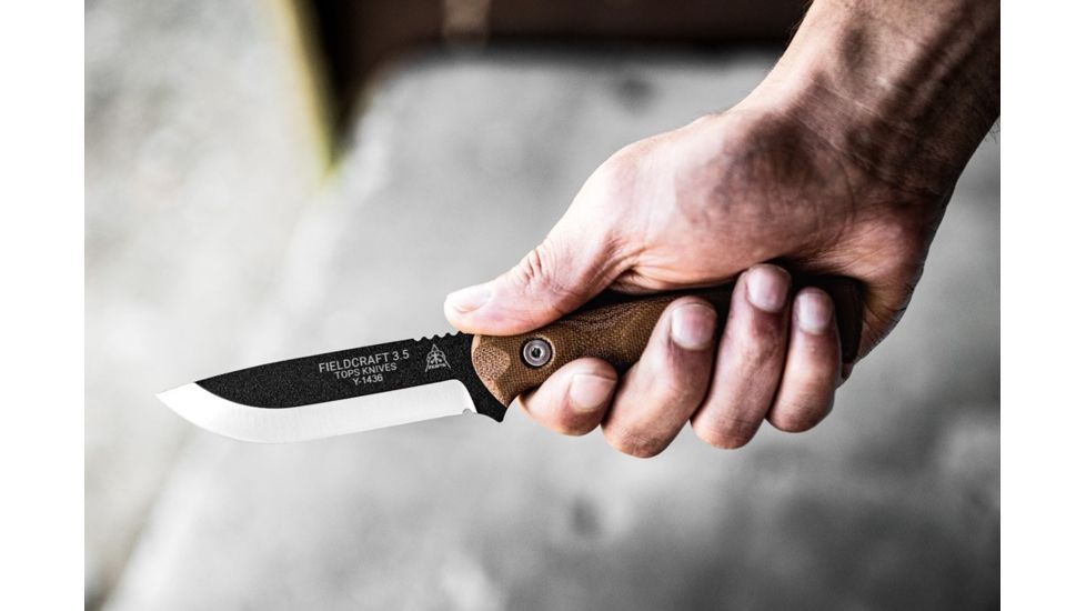 TOPS Knives Fieldcraft 3.5 Fixed Blade Knife, 3.75in, 1095 RC 56-58 Steel Blade, Tan Canvas Micarta Handle, MBROS-01