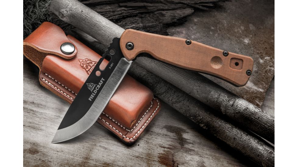 Tops Knives Fieldcraft Folder Knife, w/sheath, Brown, FCF-01