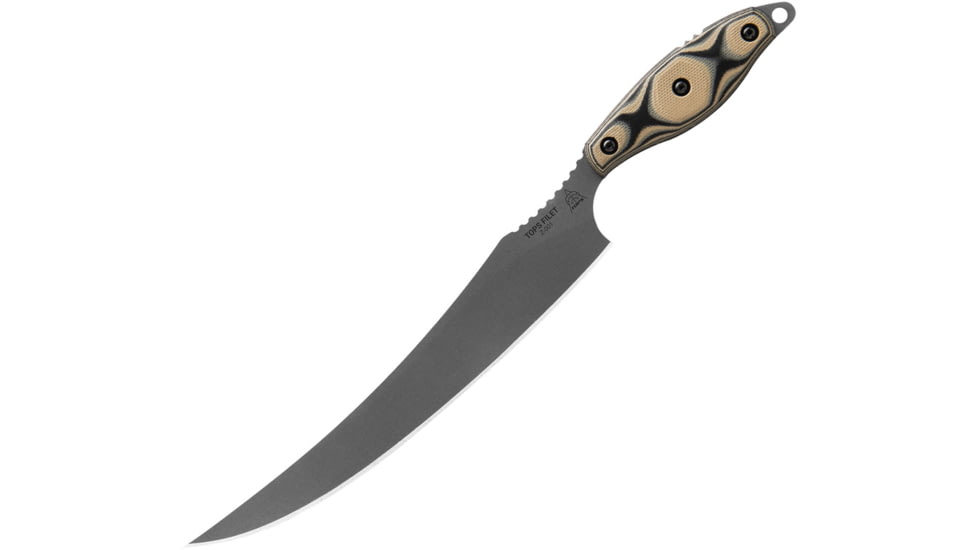 TOPS Knives Filet Knife, 8 tumbled finish 154CM stainless fillet blade, SureTouch black and tan G10 handle, FIL-01