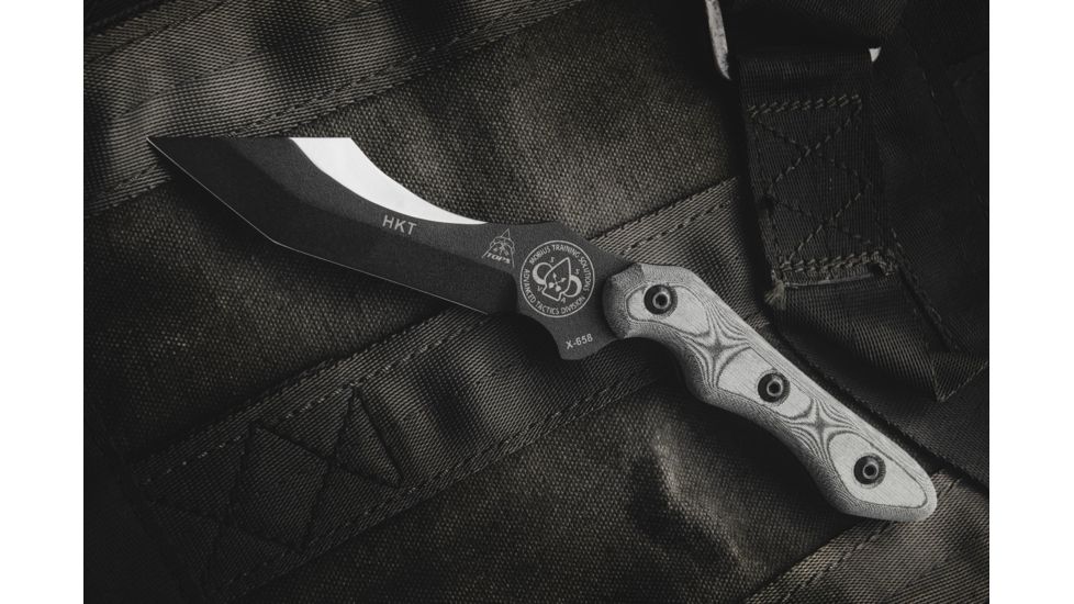 Tops Knives HKT Hunter Killer Tracker,5in Carbon, Black Linen Micarta Handle Fixed Blade Knife,5in,Carbon Steel Blade,Black Linen Micarta Handle TPHKT01