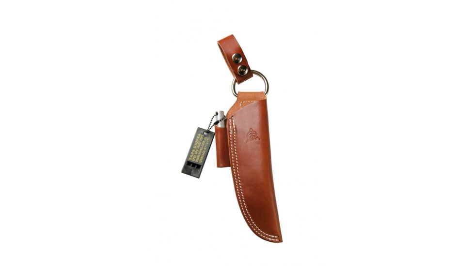 Tops Knives Leather Dangler-Style Sheath, w/Firesteel and Survival Whistle, Brown, Right Hand, SHL-BUSH-BRN