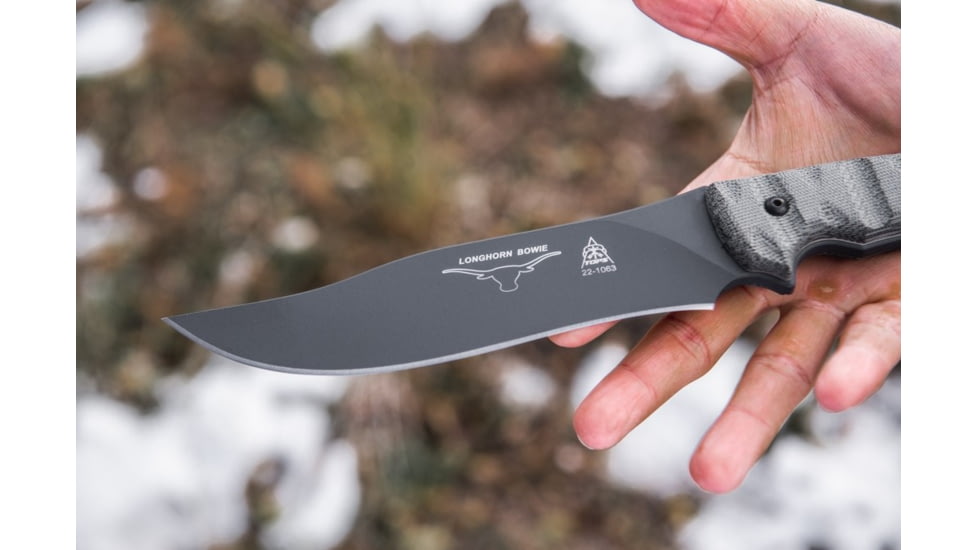 Tops Knives Longhorn Bowie Micarta Fixed Blade Knife, w/Black River Wash and RMT, Black, 6.75in, LONGB-06