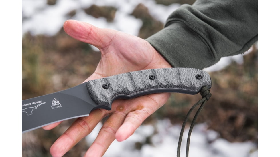 Tops Knives Longhorn Bowie Micarta Fixed Blade Knife, w/Black River Wash and RMT, Black, 6.75in, LONGB-06