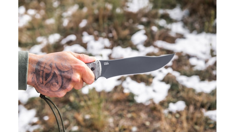 Tops Knives Longhorn Bowie Micarta Fixed Blade Knife, w/Black River Wash and RMT, Black, 6.75in, LONGB-06