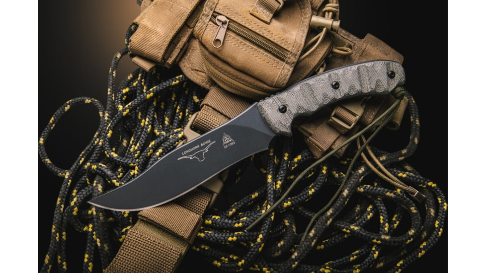 Tops Knives Longhorn Bowie Micarta Fixed Blade Knife, w/Black River Wash and RMT, Black, 6.75in, LONGB-06