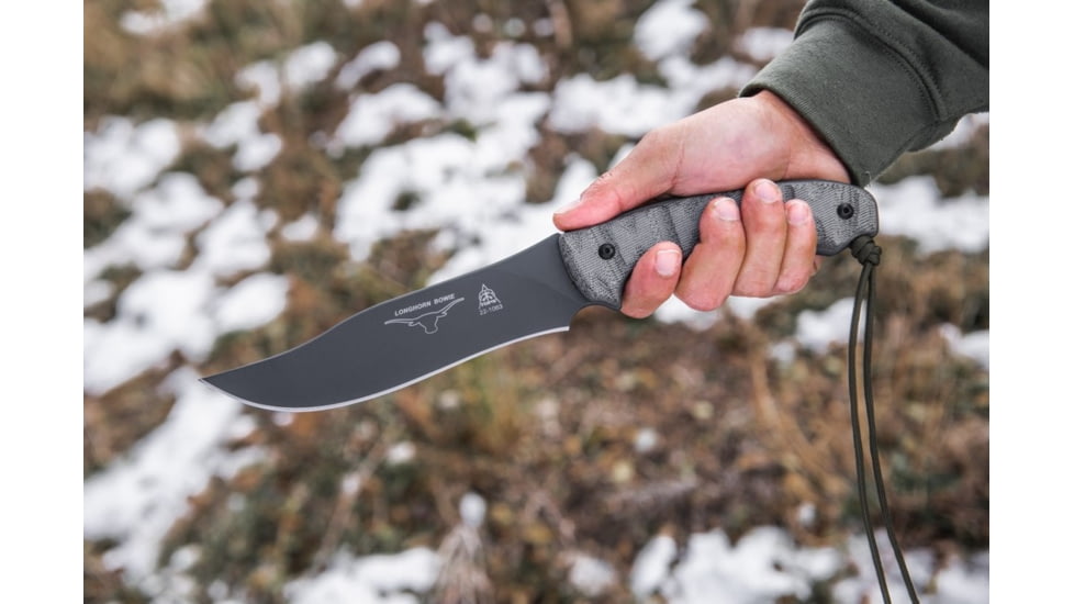 Tops Knives Longhorn Bowie Micarta Fixed Blade Knife, w/Black River Wash and RMT, Black, 6.75in, LONGB-06