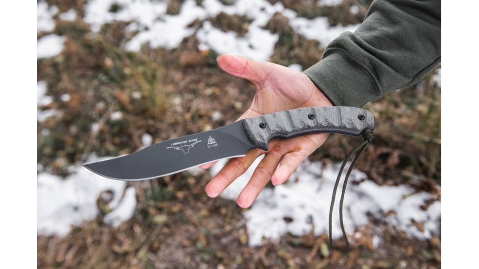 Tops Knives Longhorn Bowie Micarta Fixed Blade Knife, w/Black River Wash and RMT, Black, 6.75in, LONGB-06