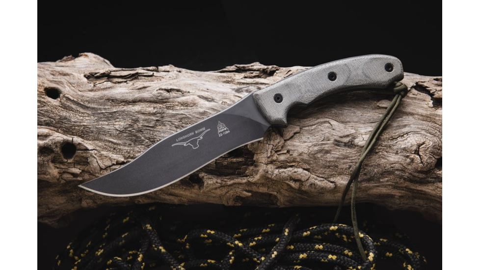 Tops Knives Longhorn Bowie Micarta Fixed Blade Knife, w/Black River Wash, Black, 6.75in, LONGB-05