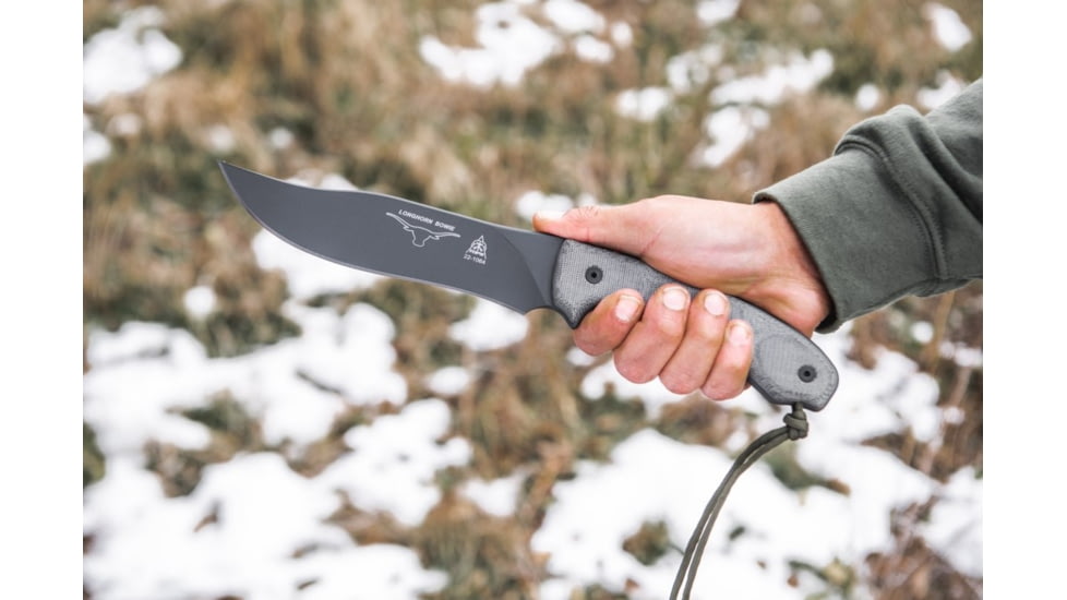 Tops Knives Longhorn Bowie Micarta Fixed Blade Knife, w/Black River Wash, Black, 6.75in, LONGB-05