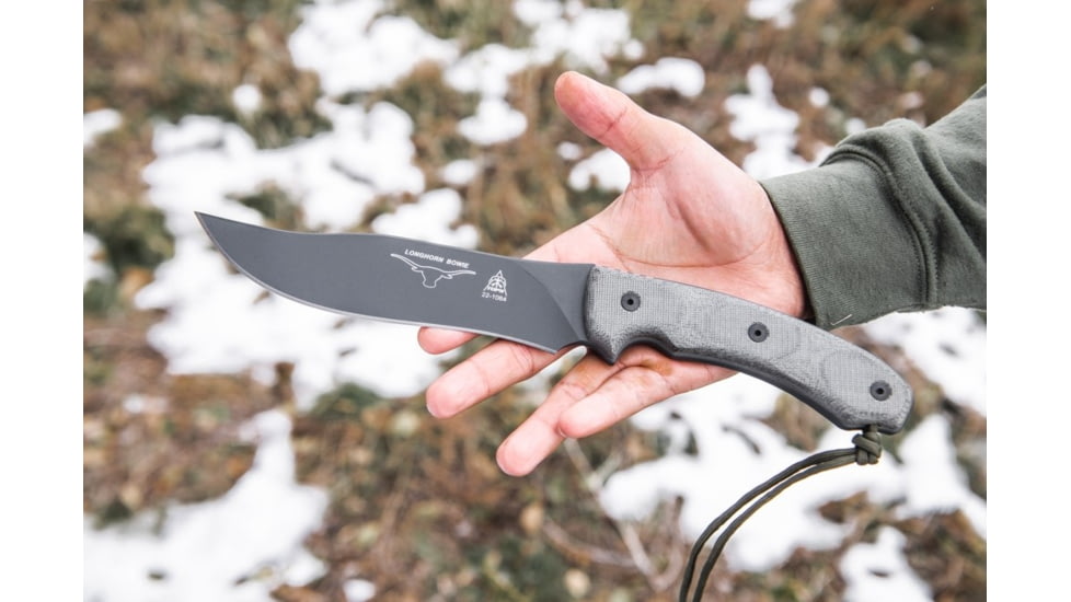 Tops Knives Longhorn Bowie Micarta Fixed Blade Knife, w/Black River Wash, Black, 6.75in, LONGB-05