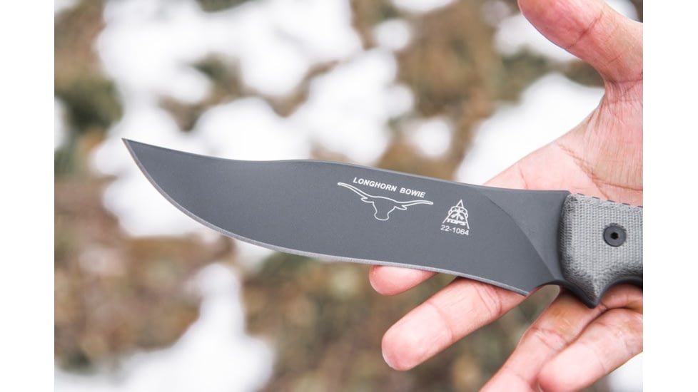 Tops Knives Longhorn Bowie Micarta Fixed Blade Knife, w/Black River Wash, Black, 6.75in, LONGB-05