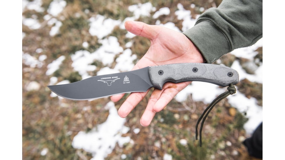 Tops Knives Longhorn Bowie Micarta Fixed Blade Knife, w/Black River Wash, Black, 6.75in, LONGB-05