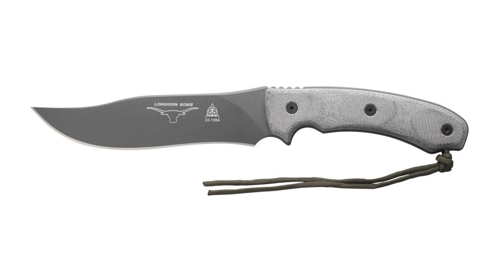 Tops Knives Longhorn Bowie Micarta Fixed Blade Knife, w/Black River Wash, Black, 6.75in, LONGB-05