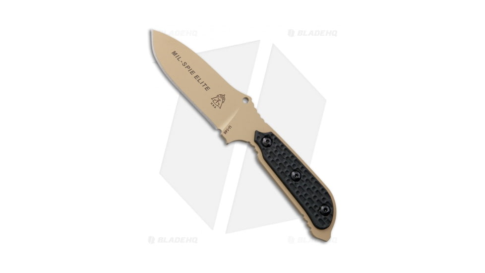 TOPS Knives Mil-Spie Elite Fixed Blade Knife, 4.00in, 1095, Drop Point Blade, Micarta Black Handle, Tan/Black, 8.00in, BHQ-63673