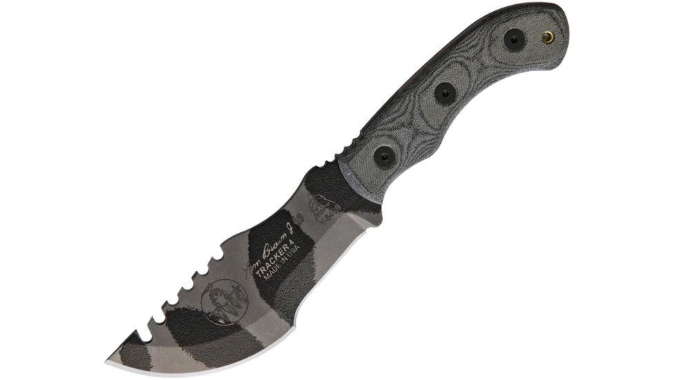 TOPS Knives Mini Tom Brown Tracker Knife, 6.5in Overall, 3.5in Camo Sawback 1095HC Blade, Black Canvas Micarta Handle, TBT-040-CAMO