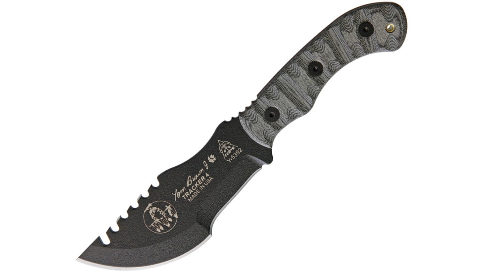 TOPS Knives Mini Tom Brown Tracker Knife, 6.5in Overall, 3.5in Camo Sawback 1095HC Blade, Rocky Mountain Tread Black Micarta Handle, TBT-040-RMT