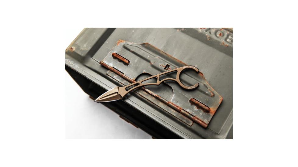 TOPS Knives Papa Delta Fixed Blade Knife by Leo Espinoza, 5.88in Overall, 1.63in Double Edge 1095HC Steel Midnight Bronze Blade, Skeletonized Handle, Kydex Sheath, PD-01