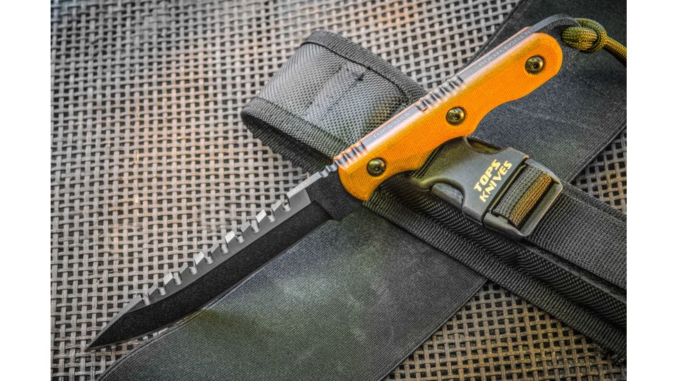Tops Knives Ranger Bootlegger 2 Fixed Blade Knife,5in,Carbon Tool Steel Sawback Blade,Tan Canvas Micarta Handle TPRBL02