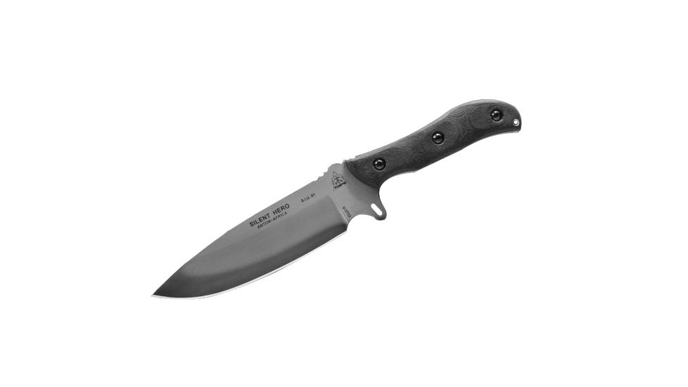 Tops Knives Silent Hero Fixed Blade Knife, w/Smooth Scales, Black, 6.38in, HERO-04