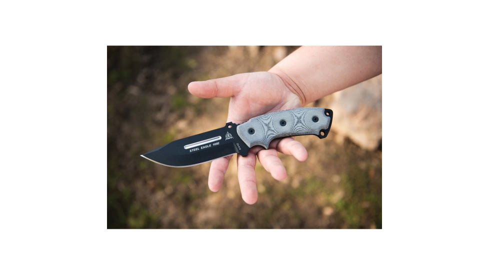 TOPS Knives Steel Eagle Hunter Point Knife, 9.75in Overall, 5in Black Traction Coated 1095HC Steel Hunter's Point Blade, Black Linen Micarta Handle, Black Kydex Belt Sheath, SE105E