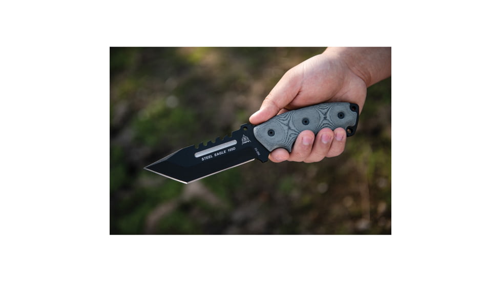 TOPS Knives Steel Eagle Tanto Saw Knife, 9.75in Overall, 5in Black Traction Coated Sawback 1095HC Steel Tanto Blade, Black Linen Micarta Handle, Black Kydex Belt Sheath, SE105D