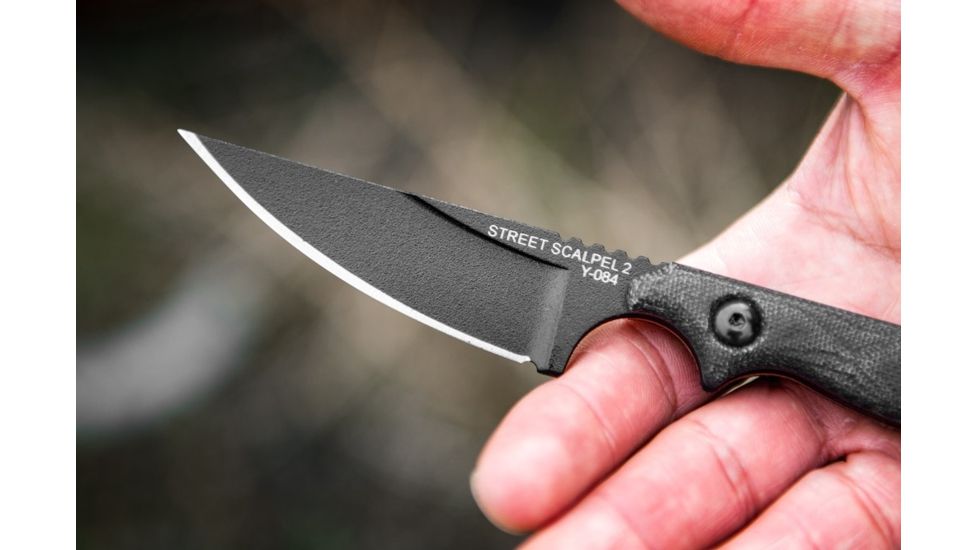 TOPS Knives Street Scalpel 2 Fixed Blade Knife, 3.13in, 1095 Carbon Steel Blade, Black Canvas Micarta Handle, SSS-02