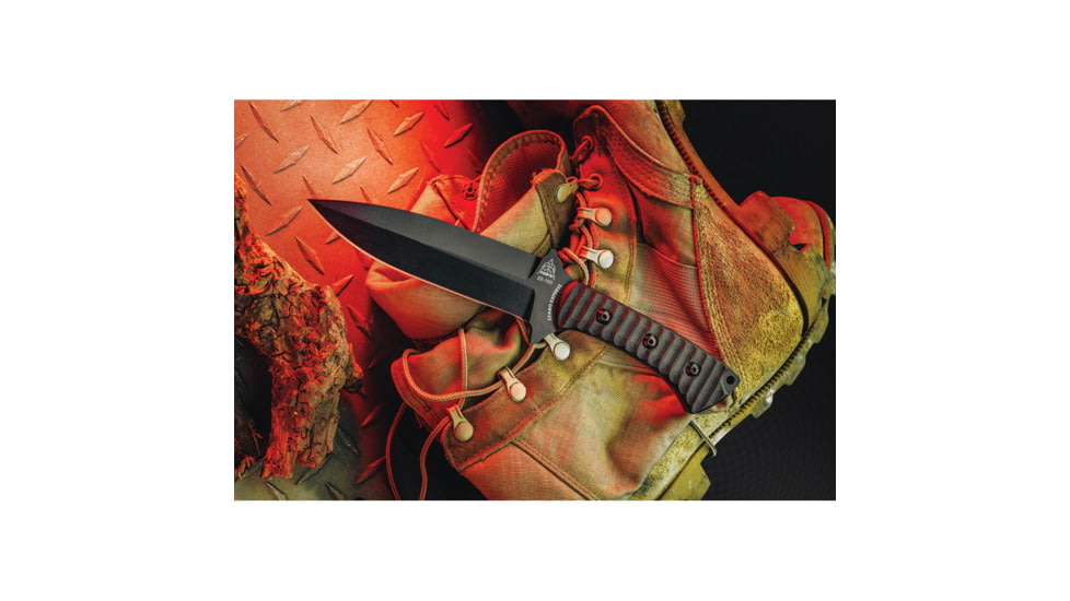 TOPS Knives Szabo Express Single Edge Knife by Laci Szabo, 10.38in Overall, 5.63in Black Cerakote False Edge 1095HC Steel Blade, Black Sculpted Micarta Handle, Kydex Sheath, SZEX-01