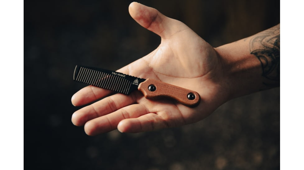 TOPS Knives Tac Rake Beard Comb by Leo Espinoza, 5.88in Overall, Tan Canvas Micarta Handle, Leather Sheath, TRAK-01