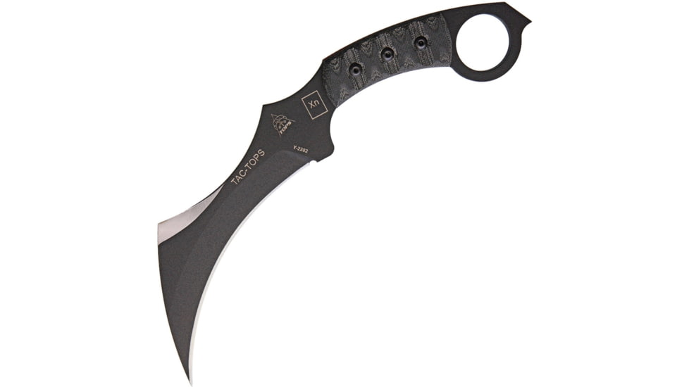 TOPS Knives Tac Tops Karambit Knife, 11.25in Overall, 7.13in Black Traction Coated 1095Hc Steel Blade, Black Canvas Micarta Handle w/ Rocky Mountain Tread, Black Kydex Sheath, TAC-01-RMT