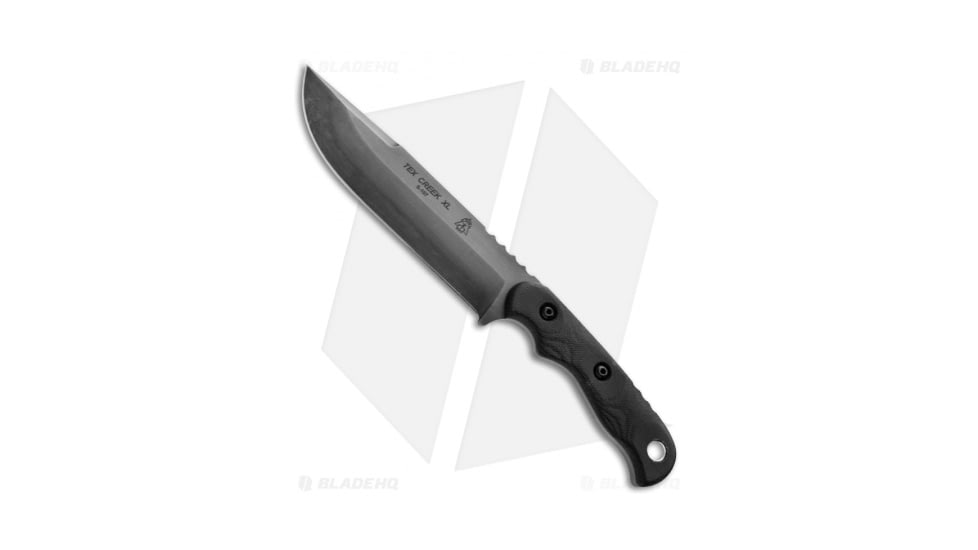 TOPS Knives Tex Creek XL Fixed Blade Knife, 6.125in, 1095, Drop Point Blade, Micarta Black Handle, Gray/Black, 11.125in, BHQ-22833