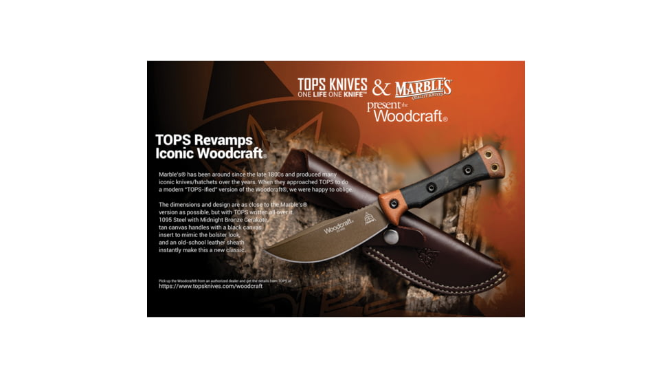 TOPS Knives Woodcraft Fixed Blade Knife, 8.75in Overall, 4.38in 1095HC Steel Midnight Bronze Blade, Black/Tan Canvas Micarta Handle, Leather Sheath, WC01