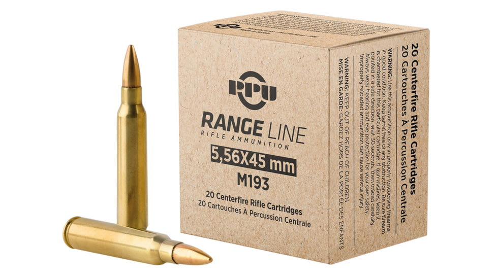PPU Rangeline 5.56x45mm 55 Grain Full Metal Jacket Boat Tail Brass Cased Rifle Ammunition, 20 Rounds, PPR556