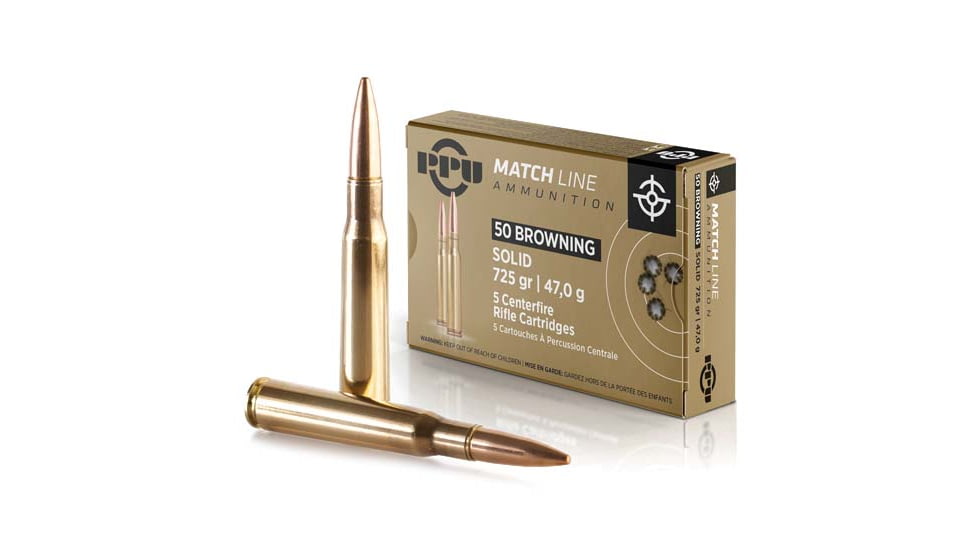 PPU TR&amp;Z Match .50 BMG 725 Grain Full Metal Jacket Brass Cased Rifle Ammo, 5 Rounds, PPM50