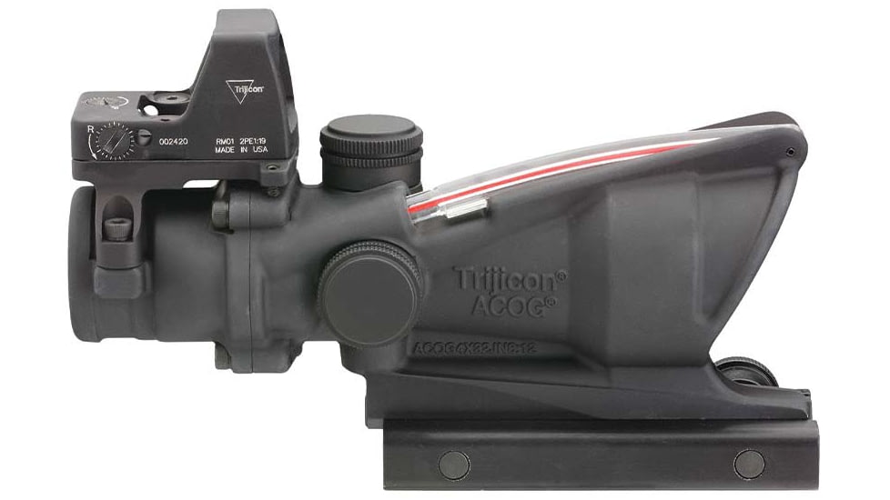 Trijicon 4x32 ACOG Rifle Scope, Dual Illuminated Red Chevron .223 Reticle w/ Colt Knob Thumbscrew Mount &amp; LED 3.25 MOA Red Dot RMR Type 2, Black, 100549