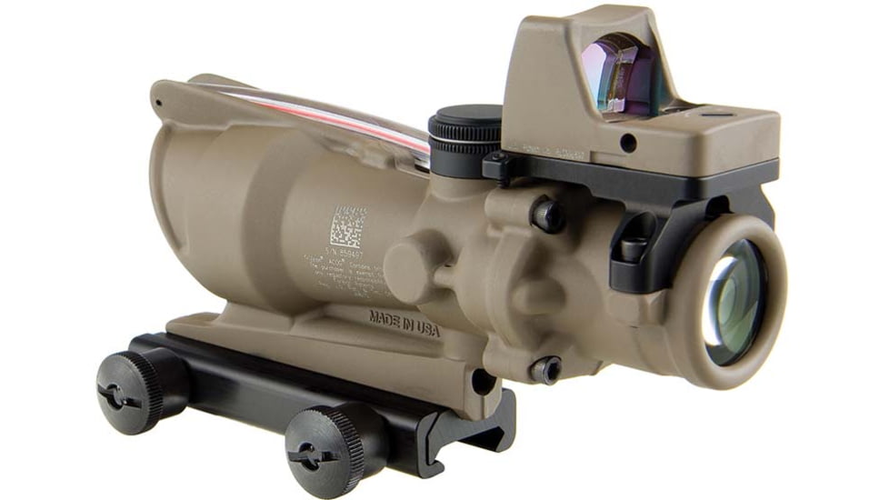 Trijicon 4x32 ACOG Rifle Scope, Dual Illuminated Red Chevron .223 Reticle w/ Colt Knob Thumbscrew Mount &amp; LED 3.25 MOA Red Dot RMR Type 2, Cerakote FDE, 100570