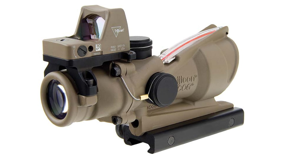 Trijicon 4x32 ACOG Rifle Scope, Dual Illuminated Red Chevron .223 Reticle w/ Colt Knob Thumbscrew Mount &amp; LED 3.25 MOA Red Dot RMR Type 2, Cerakote FDE, 100570