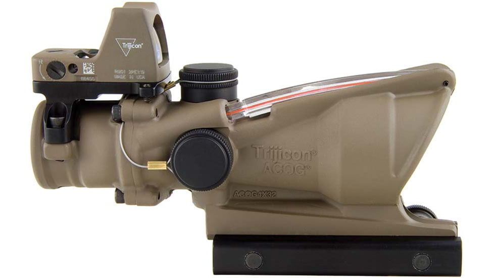 Trijicon 4x32 ACOG Rifle Scope, Dual Illuminated Red Chevron .223 Reticle w/ Colt Knob Thumbscrew Mount &amp; LED 3.25 MOA Red Dot RMR Type 2, Cerakote FDE, 100570