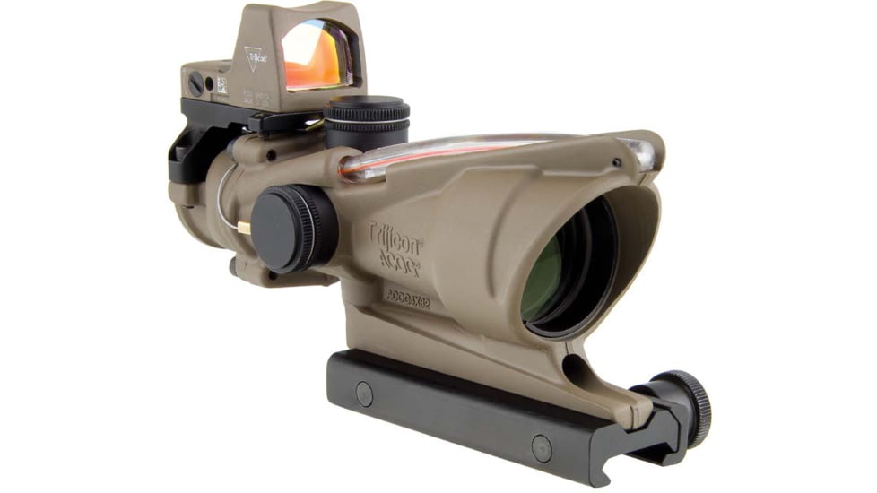 Trijicon 4x32 ACOG Rifle Scope, Dual Illuminated Red Chevron .223 Reticle w/ Colt Knob Thumbscrew Mount &amp; LED 3.25 MOA Red Dot RMR Type 2, Cerakote FDE, 100570
