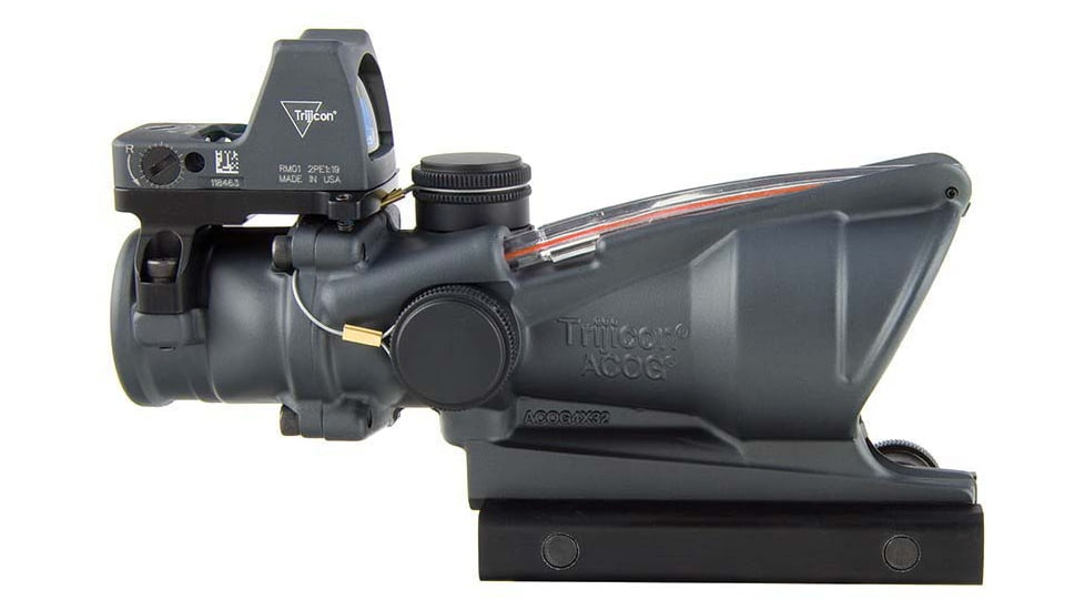 Trijicon 4x32 ACOG Rifle Scope, Dual Illuminated Red Chevron .223 Reticle w/ Colt Knob Thumbscrew Mount &amp; LED 3.25 MOA Red Dot RMR Type 2, Cerakote Gray, 100568